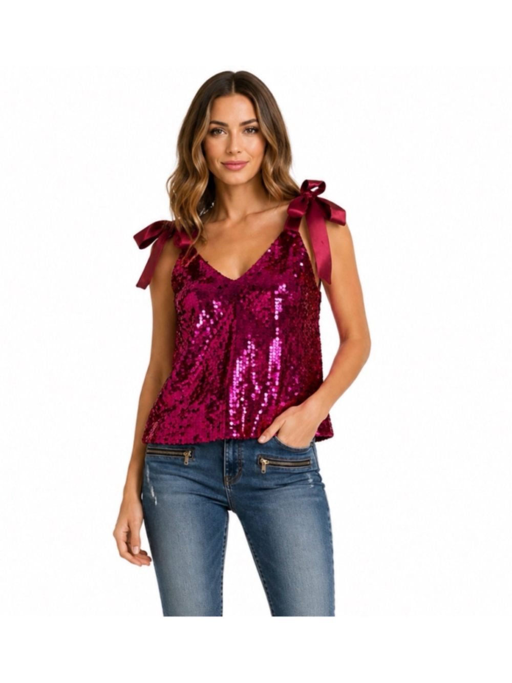 NWT Anthropologie Maeve Sequined Tie-Strap Fuchsia Tank Top Size M